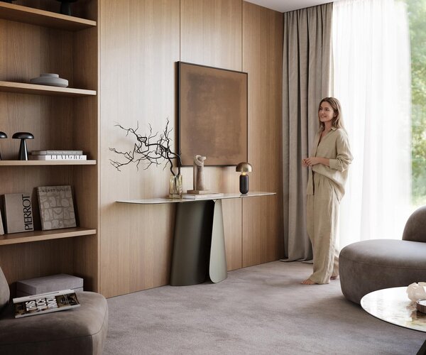DELIFE Konzolový stolík Edge zaoblený tvar 180×40 cm keramika Minas Melange bielo-béžová Livos kov titánová farba