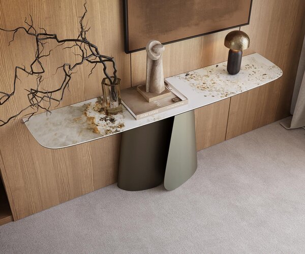 DELIFE Konzolový stolík Edge zaoblený tvar 180×40 cm keramika Minas Melange bielo-béžová Livos kov titánová farba