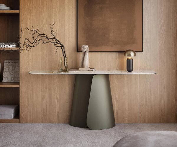 DELIFE Konzolový stolík Edge zaoblený tvar 180×40 cm keramika Minas Melange bielo-béžová Livos kov titánová farba