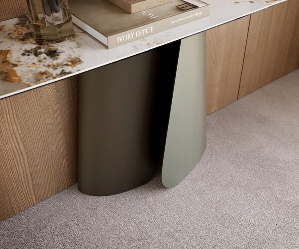 DELIFE Konzolový stolík Edge zaoblený tvar 180×40 cm keramika Minas Melange bielo-béžová Livos kov titánová farba