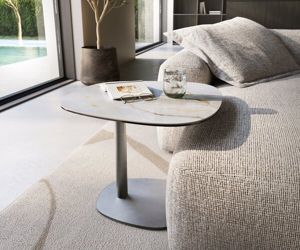 DELIFE Konferenčný stolík Edge zaoblený tvar 60×60 cm keramika onyx perleť Eleny nerezová oceľ kefovaná