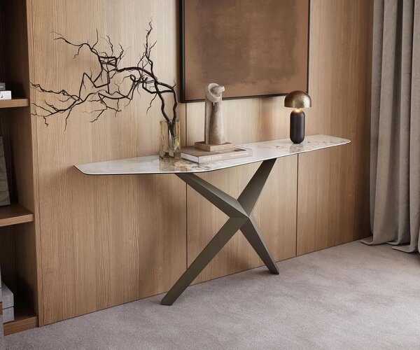 DELIFE Konzolový stolík Edge polygonálny 180×50 cm keramika Minas melange bielo-béžová Zentharo kov titánová farba