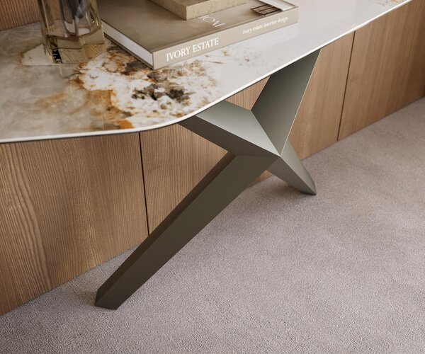 DELIFE Konzolový stolík Edge polygonálny 180×50 cm keramika Minas melange bielo-béžová Zentharo kov titánová farba