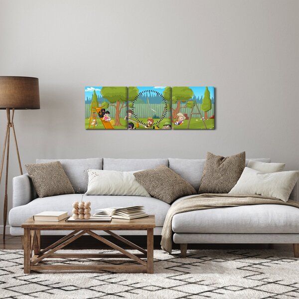 Obraz - Deti na ihrisku (s hodinami) (90x30 cm)