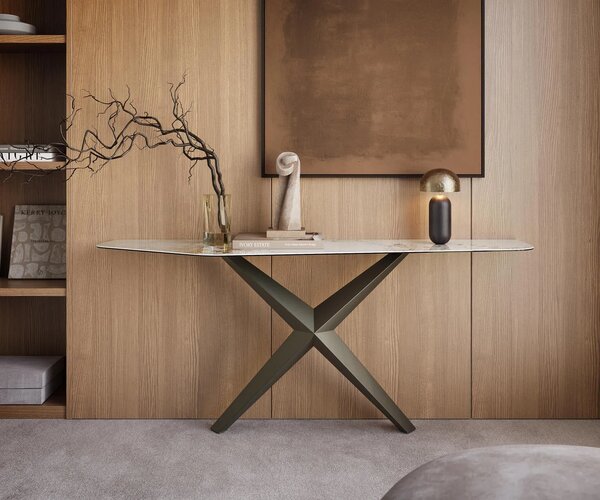DELIFE Konzolový stolík Edge polygonálny 180×50 cm keramika Minas melange bielo-béžová Zentharo kov titánová farba