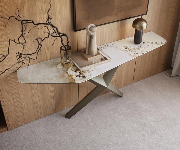 DELIFE Konzolový stolík Edge polygonálny 180×50 cm keramika Minas melange bielo-béžová Zentharo kov titánová farba