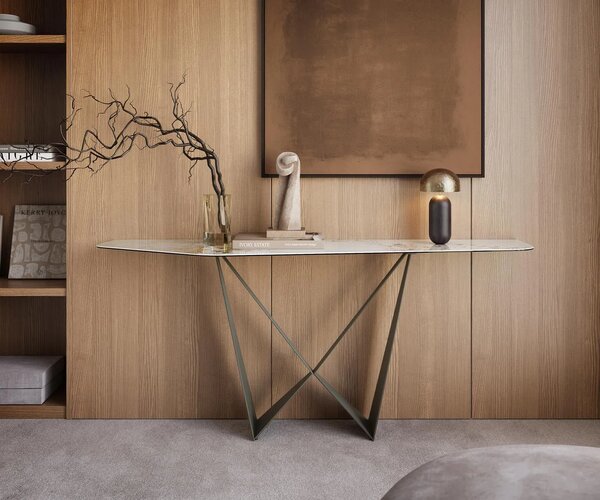 DELIFE Konzolový stolík Edge polygonálny 180×50 cm keramika Minas melange bielo-béžová Spios kov titánová farba