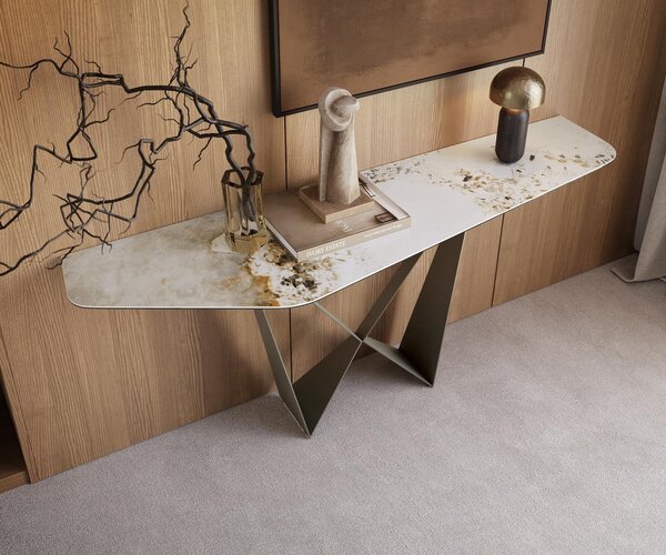DELIFE Konzolový stolík Edge polygonálny 180×50 cm keramika Minas melange bielo-béžová Spios kov titánová farba