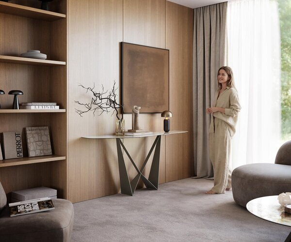 DELIFE Konzolový stolík Edge polygonálny 180×50 cm keramika Minas melange bielo-béžová Spios kov titánová farba