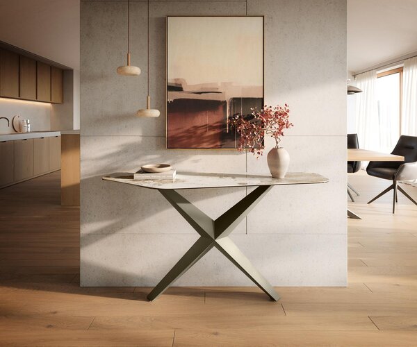 DELIFE Konzolový stolík Edge polygonálny 140×50 cm keramika Minas melange bielo-béžová Zentharo kov titánová farba