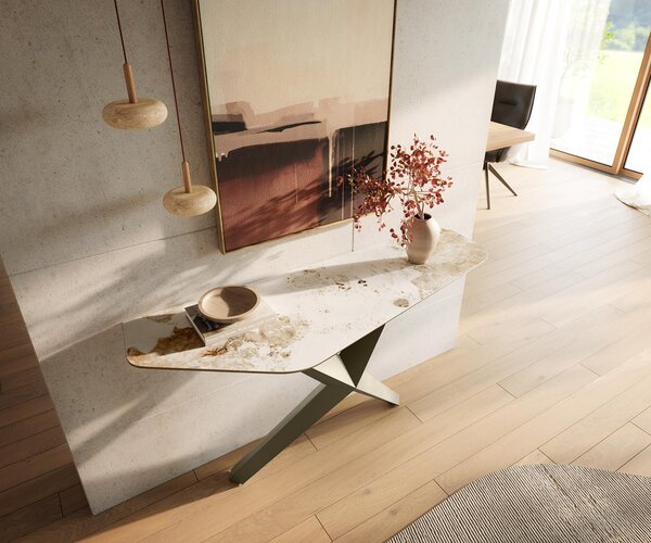 DELIFE Konzolový stolík Edge polygonálny 140×50 cm keramika Minas melange bielo-béžová Zentharo kov titánová farba