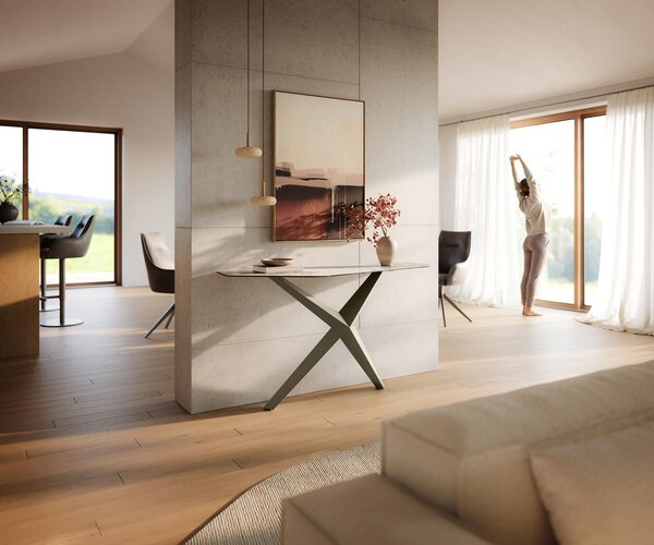 DELIFE Konzolový stolík Edge polygonálny 140×50 cm keramika Minas melange bielo-béžová Zentharo kov titánová farba