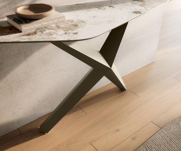 DELIFE Konzolový stolík Edge polygonálny 140×50 cm keramika Minas melange bielo-béžová Zentharo kov titánová farba
