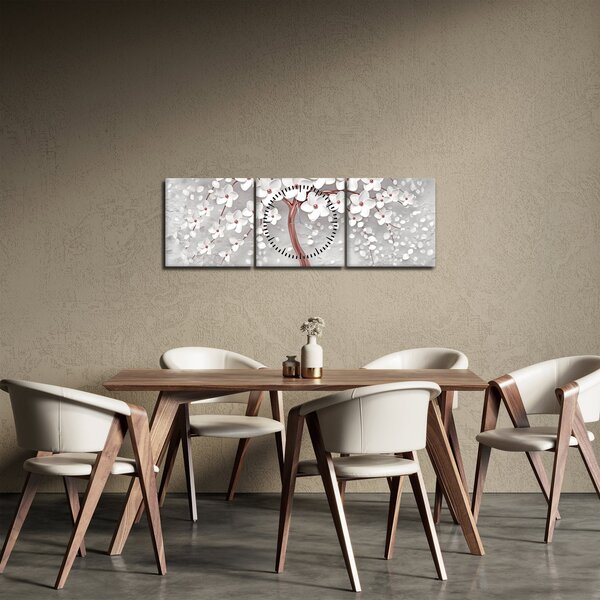 Obraz - Obraz bieleho stromu s kvetinami, rosegold (s hodinami) (90x30 cm)