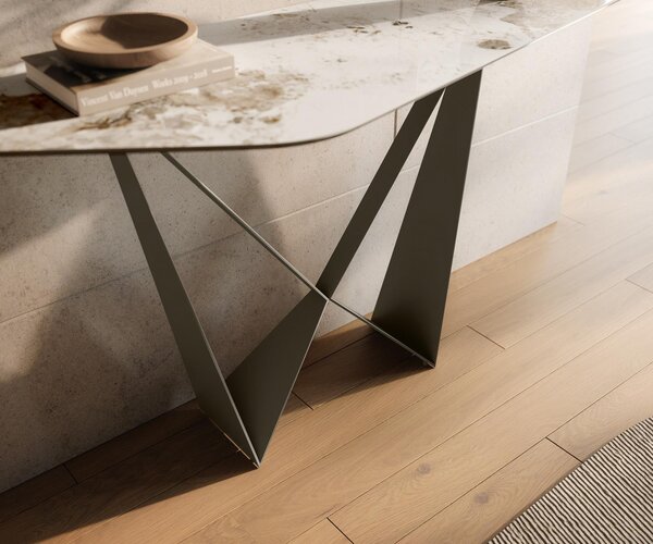 DELIFE Konzolový stolík Edge polygonálny 140×50 cm keramika Minas melange bielo-béžová Spios kov titánová farba efekt