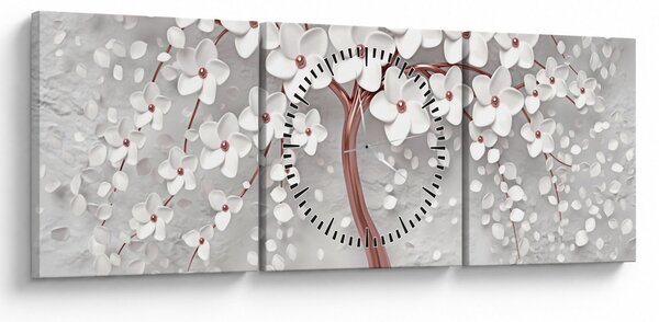 Obraz - Obraz bieleho stromu s kvetinami, rosegold (s hodinami) (90x30 cm)