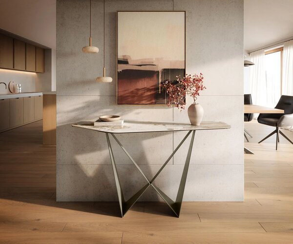 DELIFE Konzolový stolík Edge polygonálny 140×50 cm keramika Minas melange bielo-béžová Spios kov titánová farba efekt