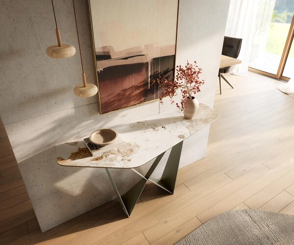 DELIFE Konzolový stolík Edge polygonálny 140×50 cm keramika Minas melange bielo-béžová Spios kov titánová farba efekt