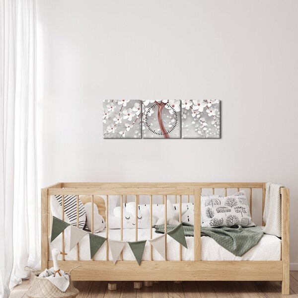 Obraz - Obraz bieleho stromu s kvetinami, rosegold (s hodinami) (90x30 cm)