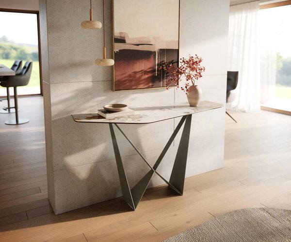 DELIFE Konzolový stolík Edge polygonálny 140×50 cm keramika Minas melange bielo-béžová Spios kov titánová farba efekt