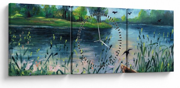 Obraz - Olejomaľba, Letný podvečer pri jazere (s hodinami) (90x30 cm)