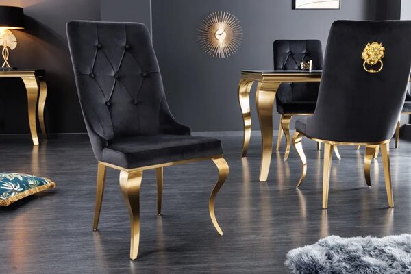 Nemecko - Elegantná stolička MODERN BAROQUE II, čierno zlatá zamat, nerezová oceľ