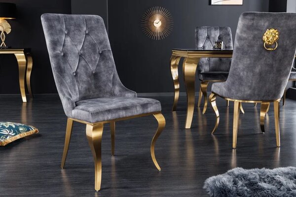 Nemecko - Elegantná stolička MODERN BAROQUE II, šedo zlatá zamat, nerezová oceľ