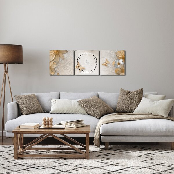 Obraz - Kvety s motýlikmi (s hodinami) (90x30 cm)