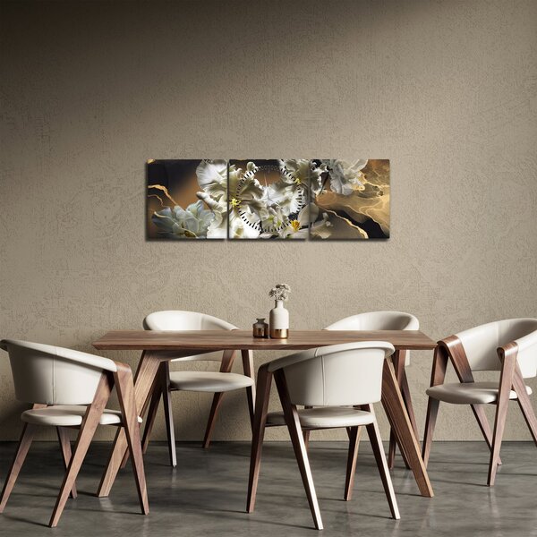 Obraz - Kvety orchideí na mramorovom pozadí (s hodinami) (90x30 cm)