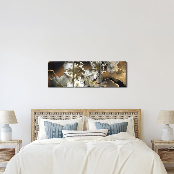 Obraz - Kvety orchideí na mramorovom pozadí (s hodinami) (90x30 cm)
