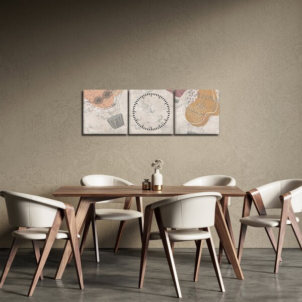 Obraz - Balóny nad mestom, teplé tóny (s hodinami) (90x30 cm)