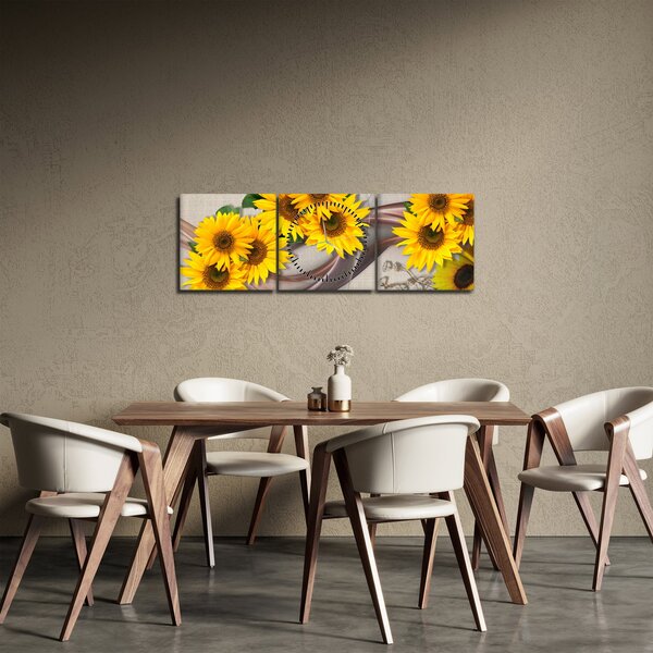 Obraz - Žiariace kvety slnečníc (s hodinami) (90x30 cm)