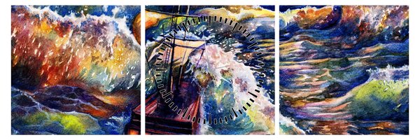 Obraz - Loď na oceánskych vlnách, aquarel (s hodinami) (90x30 cm)