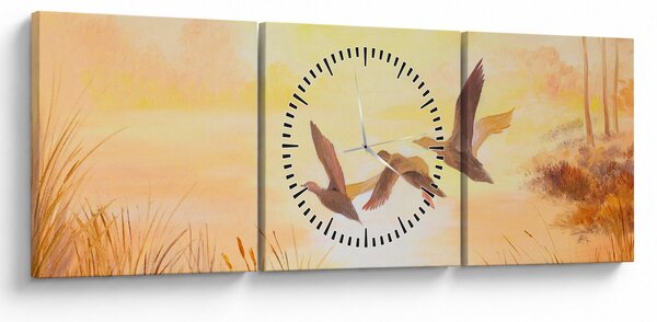 Obraz - Žeriavy pri západe slnka (s hodinami) (90x30 cm)