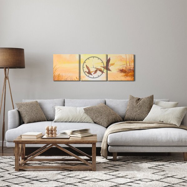 Obraz - Žeriavy pri západe slnka (s hodinami) (90x30 cm)
