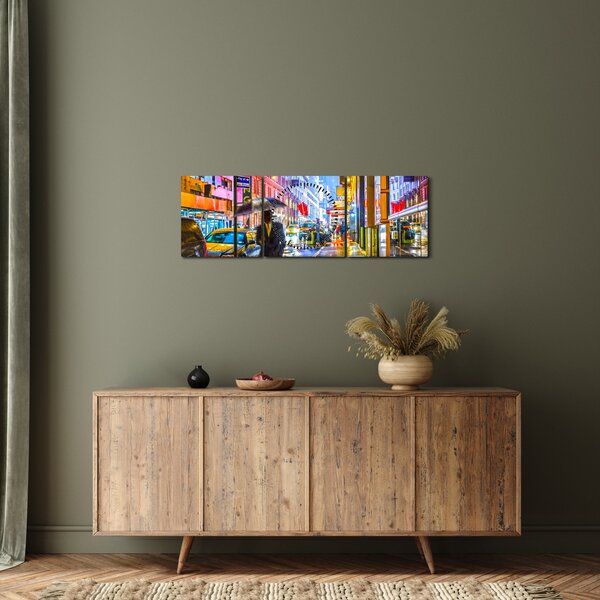 Obraz - Mesto v neónovej žiare (s hodinami) (90x30 cm)