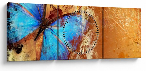 Obraz - Modrý motýľ (s hodinami) (90x30 cm)