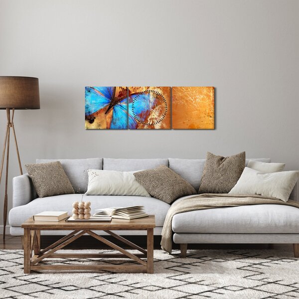 Obraz - Modrý motýľ (s hodinami) (90x30 cm)