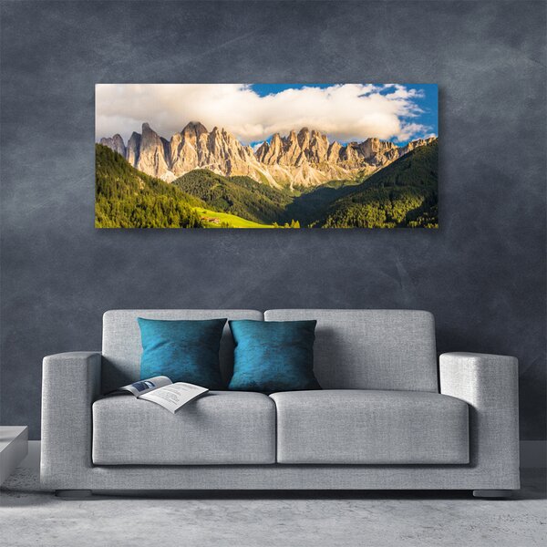 Obraz Canvas Vrcholy hor mraky lesy lúka 125x50 cm
