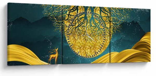 Obraz - Abstrakcia, Zlatá krajina (s hodinami) (90x30 cm)