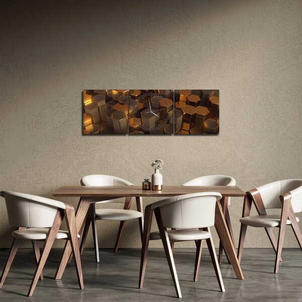 Obraz - Bronzové hexagóny (s hodinami) (90x30 cm)