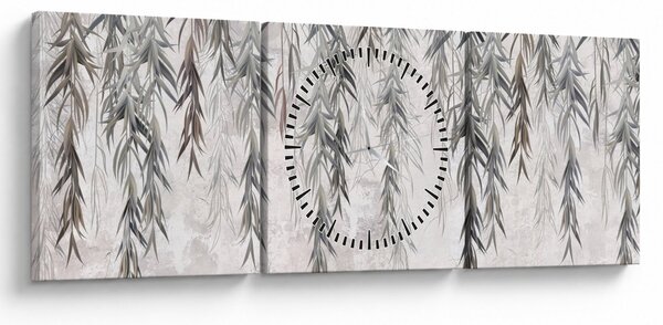 Obraz - Vŕbové vetvičky v šedej omietke (s hodinami) (90x30 cm)
