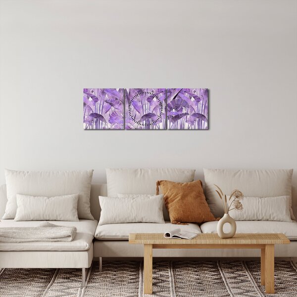 Obraz - Fialové listy v omietke (s hodinami) (90x30 cm)
