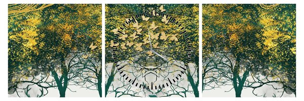 Obraz - Jelene v zelenom lese (s hodinami) (90x30 cm)
