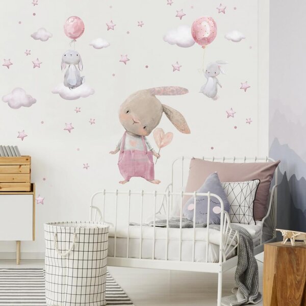 INSPIO-textilná prelepiteľná nálepka - Nálepka na stenu - Akvarelový zajačik a malé zajačiky s balónmi