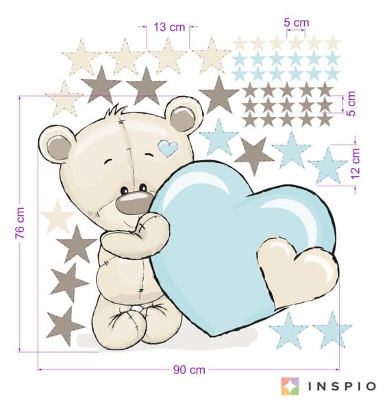 INSPIO-textilná prelepiteľná nálepka - Nálepka na stenu - Medveď s mentolovým srdiečkom a menom