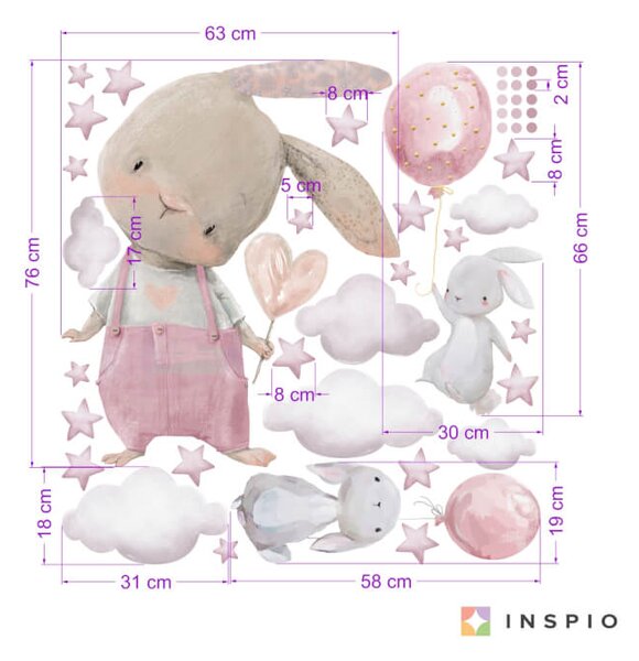 INSPIO-textilná prelepiteľná nálepka - Nálepka na stenu - Akvarelový zajačik a malé zajačiky s balónmi
