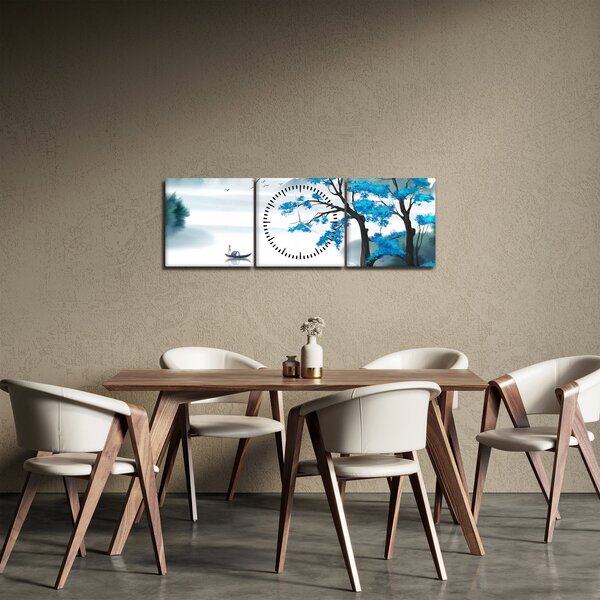 Obraz - Maľované jazero s loďkou (s hodinami) (90x30 cm)