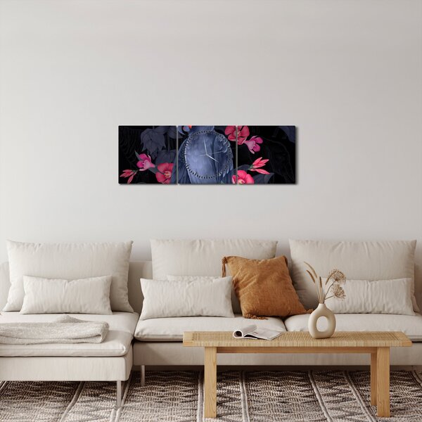 Obraz - Papagáj medzi kvetmi (s hodinami) (90x30 cm)