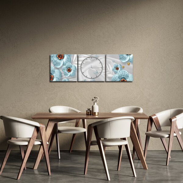 Obraz - 3D modré kvety (s hodinami) (90x30 cm)